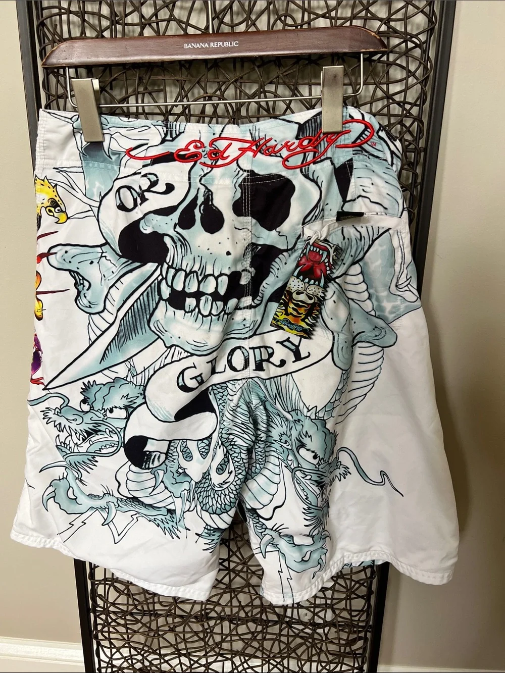 Ed Hardy Surf or Die Vintage Y2K Streetwear Goth Skater Board Shorts 33” 10” NEW